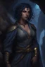 Placeholder: Dnd character in a dark cave. Leaning against a wall. A female Elf twilight cleric with super curly, super short, dark blue hair and golden eyes, wearing gray and dark blue robes. With tattoos. Etheral, muscular, strong.