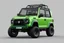 Placeholder: In 3d Mikros animation style. Generate an image of an off-road modified 2019 Suzuki Jimny but It's in the color of green. It has some gear like it was made to drive on Dino Island. Show the vehicle on a neutral grey background and like a turnaround.