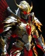 Placeholder: silver and gold knight armor with glowing red eyes, and a ghostly red flowing cape, crimson trim flows throughout the armor, the helmet is fully covering the face, black and red spikes erupt from the shoulder pads, crimson and gold angel wings are erupting from the back, crimson hair coming out the helmet, spikes erupting from the shoulder pads and gauntlets