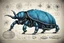 Placeholder: Hand drawn illustration , with detailed blueprints and engineering schematics of dark mechanical Rhinoceros beetle, with highly detailed facial features, detailed drawings, and technical notation, 8k