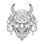 Placeholder: White, minimalis line art , oni mask japanes funny , vector, white background, outline, with images neatly contained within the background, just black and white color, tatto style.