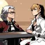 Placeholder: [illustration for wii No More Heroes style with thick lines] west world iconic face to face interview scene Dolores sits in front of Bernard Lowe