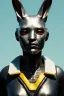 Placeholder: Medium Close Up Portrait, Front image. cyberpunk, rabbit mask, maori woman, white short hair. latex, titanium suit. Yellow, black, red, color. Retro futuristic style. Color background, photo studio. Avatar image, highly detailed, concept art, smooth, unreal engine 5, god rays, ray tracing, RTX, lumen lighting, ultra detail, volumetric lighting, 3d, finely drawn, high definition, high resolution.