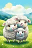 Placeholder: create an image with 4 cute sheep with the typography, happy face "ovelhinhas da fé", 2d, cartoon style, chibbi, kawai, a green field and blue sky in the background, watercolor