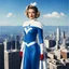 Placeholder: [real life version of a Dr. Seuss] 1950s photorealistic Jeanne-Marie Beaubier as Aurora wearing a blue and white spandex superhero costume with a fleur-de-lys symbol on the chest, on the top of a skyscraper