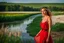 Placeholder: shot from front ,green field and wild flower field ,(A German beauty , with a melon seed face and wearing a red camisole skirt. She has a slender figure, beautiful makeup,very nice eyes looking around and elegant temperament walking and whisppering a song with emotions in water toward camera in trees next to wavy river with clear water and nice sands in floor.camera capture from her full body front, spring blosom walking to camera ,wild flowers moving in the wind ,blue sky,moving pretty clouds ,