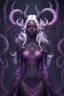 Placeholder: absurdres, ((high-resolution)), ultra detailed, vivid colors, abyssal goddess, dark skin, horns, white hair, ((medium hair:1.2)), (sidelocks:1.3), purple eyes, disheveled hair, long sleeves, fril gothic dress, purple and pink outfit, abyssal, darkness, tentacles, fractal, psychedelic, Whimsical