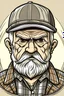 Placeholder: old man, face and shoulders, angry look, beard, gray hair, checkered eight-piece cap, checkered jacket, drawing, cartoon style