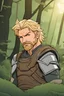 Placeholder: Middle aged man with wild blonde hair, beard and lynx ears on head, Stoic, Dressed in ranger armor in a forest background. RWBY animation style