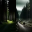 Placeholder: left side of the picture shows a dark metropole, right sight of the picture showsa beautiful forest, in the middle there's a road leading from the city to the forest, a lonely figure walking on it