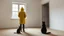 Placeholder: A person wearing a yellow raincoat is standing in a deserted room looking out a window. A black cat is sitting nearby, watching the person.