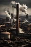 Placeholder: A bleak industrial cityscape, with factories spewing smoke and pollution into the air, towering smokestacks, and a grim atmosphere of environmental decay and neglect.