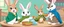 Placeholder: light brown rabbit wearing a green scarf, white rabit wearing purple scarf, dark brown rabit wearing blue scarf, drinking from a bowl, hooping and pooping in the air, blue playpen background, disney cartoon style