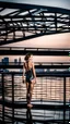 Placeholder: beautiful anorexic young woman, total shot, short shiny anthracite triathlon swimsuit, short brunette wavy bob hair, blurred city background