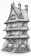 Placeholder: A highly detailed front elevation line drawing of a crooked fantasy house, with a twisted tall chimney, rooms and floors added to the sides and roofs, like Harry Potter's the Burrow.