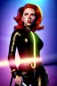 Placeholder: retro portrait image from 1960, explosion background, long red hair, young Scarlett Johansson, classic black tight lycra suit, metal stick weapon, gold bracelet and belt, high heel boots, soft color, highly detailed, unreal engine 5, ray tracing, RTX, lumen lighting, ultra detail, volumetric lighting, 3d, finely drawn, high definition, high resolution.