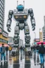 Placeholder: little people looking at huge dancin giant robot of vitalik buterin at tokyo shibuya crossroads in the rain