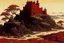 Placeholder: A dark red castle in a wasteland covered in mold painted by Katsushika Hokusai