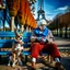 Placeholder: An elderly woman is knitting on a park bench, accompanied by her furry companion - a calm husky dog ​​resting next to her. In the background is the Eiffel Tower. The woman's lively personality shines through her whimsical outfit - a light blue sweater, striped tights and large round glasses perched on her nose. Her spiky red hair adds a touch of glamor to the scene. The sweet dog, with a shaggy yellow coat, lies peacefully with his head resting on the knitted fabric, providing a faithful compani