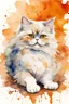 Placeholder: painting of a persian cat rolling around on its back, the cat is in the centre of the picture taking up only one third of the image, in watercolour, in the background an orange wall, splatter, art, aquarell, pastell, ink, soft, lots of white negative space around the outside of the picture, white outlines, full shot