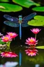 Placeholder: A dazzling dragonfly, its wings shimmering with an array of vibrant colors, gracefully hovers above a calm and serene pond fringed by an assortment of vivid and blooming flowers. This splendid image, perhaps a painted masterpiece or a breathtaking photograph, showcases the elegant beauty of the dragonfly, capturing every minute detail in exquisite clarity. The iridescence of its wings, reflecting hues of blues, greens, and purples, adds an enchanting allure to the scene