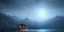 Placeholder: small house, windows, heavy snow, mountain, big blue lake water, night