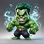 Placeholder: chibi cute caricature of Hulk as a 2000's clown, surrounded by will-o'-the-wisp, elegant, close wiew, dynamic pose, photorealistic rendering --ar 2:3 --stylize 500 --v 6