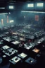 Placeholder: [Blade Runner (1982) style, view from above] a robot teacher in a classroom with a lot of different student robots. The main robot distribute work amongst smaller robots and computers in the factory. there is electricity in the air, the main robot coordinates other robots