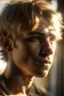 Placeholder: A macro portrait of an athletic teen boy with honey brown eyes, messy golden blond hair, cute, innocent and thoughtful, looking out a window, a hint of facial hair, no shirt, shirtless, inside an empty room with warm sunlight streaming in, detailed, high definition, 4K, 8K, quality render, photo realistic