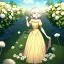 Placeholder: anime girl holding on to a dried dandelion flower and blowing the dried seeds into the air as the wind carries them away. outdoors scene.anime girl standing in a meadow of flowers. thw wind is blowing flower pedals into the wind. girl wearing yellow dress. more emphasis on seeds floating in the air