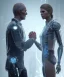 Placeholder: detroit become human, two people looking at each other, handshake , sci-fi fantasy style, volumetric lighting, particales,highly detailed,cinamatic, deep colours,8k.