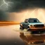 Placeholder: hyperrealistic shot, off-road truck, speeding, earth color palette, sharp focus, puddle reflection, tire water splash, refraction, rain and lightning on the horizon, shadowcast, detailed and intricate, cinematic composition, tilt shift photography