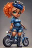 Placeholder: create an airbrush illustration of a chibi cartoon voluptuous black female wearing a blue jean outfit with biker boots. Prominent make up with hazel eyes. Extremely highly detail of a very low orange pixie haircut. Background of a bike show.