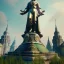 Placeholder: Monument, abandoned city centre, statue of human on top, look from distance, buildings visible whole statue, overgrown statue and monument, realistic, highly detailed