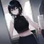 Placeholder: Clear focus,High resolution, black short fluffy hair, long fluffy bangs, and dark blue eyes, Depressed girl, wearing a black short shirt with a black sleeveless crop top, dark aura, controlling water, in a dark blank room