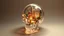 Placeholder: old worn paper, plain contrast background, crystal transparent Skull with city and plants inside, backlight inside, 8K, high detail, hyperrealism, high resolution, bright colors, ART illustration