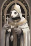 Placeholder: (anthropomorphic white ferret),dressed in ((cleric fantasy)) black clothes with silver holy ornaments, realistic anatomy, holy symbols around, serious face, hold holy cross symbol, tired face, in the style of LOISH, look at the vivewer, cute face, fantasy inspire, fantasy church on background with sunshine, gloomy atmosphere