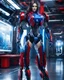 Placeholder: length image full body photo realistic high details beautiful woman long hair with body mechanical robot red and blue inspired design by optimus prime transformer robot sense of technology future,in room futuristic spaceship background