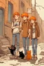 Placeholder: Act like a book cover designer. Use graffiti style. Three teenagers (13-15 years old) - two boys brothers with ginger hair and frickles with a brown-haired girl and with a grimy black cat. Environment: old town.