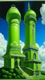 Placeholder: Lime green aero towers in the cloudy sky painted by MC Escher