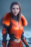 Placeholder: full body portrait of a beautiful girl, wearing glowing orange armor, futuristic armor, natural posture, nice smile, snowy mountain background, snow, fur cloak, full body