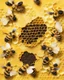 Placeholder: honeycomb and bee hive on a yellow floral background, reailistic image