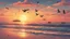 Placeholder: beachside photograph of a sunset, serene, beautiful and peaceful, birds, kites, distant boats, sea waves, detailed pixel art, retro style,