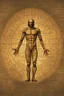 Placeholder: Human – Language – Computer. Leonardo da Vinci's Vitruvian man against the background of the matrix and the crumbling ones and zeroes. close-up of the surrounding area. Solid science fiction, high resolution