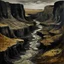 Placeholder: A dark brown canyon with tar pits painted by Guo Xi