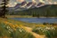 Placeholder: Sunny day, pine trees, mountains, prairie, flowers, lake, rocks, spring, max liebermann impressionism painting