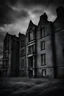 Placeholder: An old style photograph of a building of a vintage grimy asylum in Ireland in black and white, with a lot of sky showing and eerie atmosphere