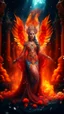 Placeholder: Full body wide-angle RAW photo, the fire queen wearing very luxurious and jewel-embellished clothes, fully covered, holding a fire shawl, opals and flower decorations, fractal wing texture, coming out of a burst of fire, winter scenery in the background, beautiful woman's face indonesia, high detail skin, phoenix, fire, 8k uhd, dslr, soft lighting, high quality, film grain