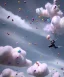 Placeholder: Ultra realistic speed clouds sky scene, wide angle view, strong men falling down with many Childs, circus clothing style, feather color clothing, free jumping flying, many trinkets, hair monster, many jelly beans, balls, color smoke, smile, happy, extreme, wind, clouds sea, 20,000 feet altitude, stratosphere, soft color, highly detailed, unreal engine 5, ray tracing, RTX, lumen lighting, ultra detail, volumetric lighting, 3d, finely drawn, high definition, high resolution.