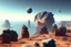 Placeholder: person, exoplanet in the horizon, big stones, cliff, science fiction, epic scene.